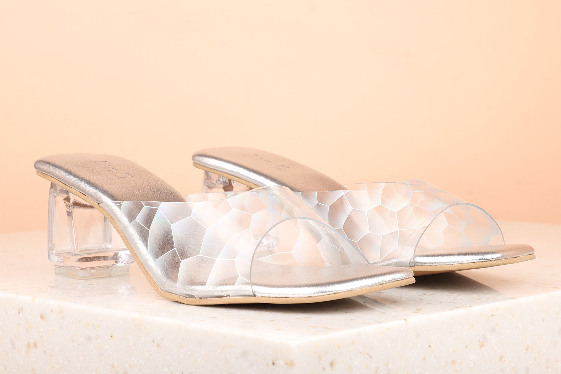 Women Silver Transparent Geometric Print Block Heels