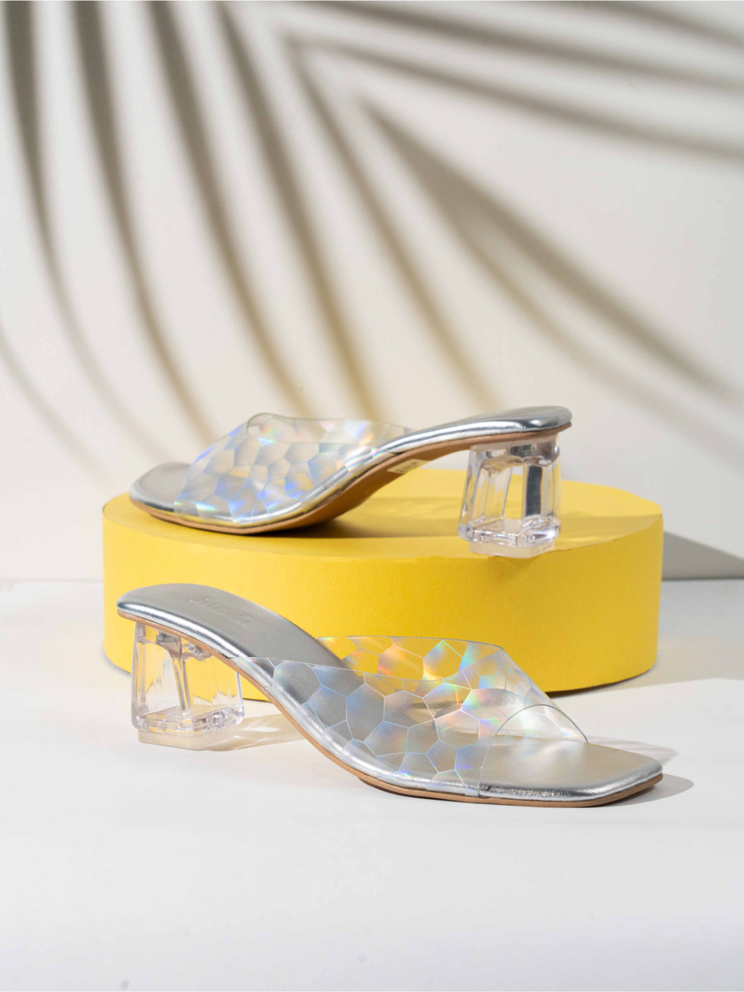 Women Silver Transparent Geometric Print Block Heels