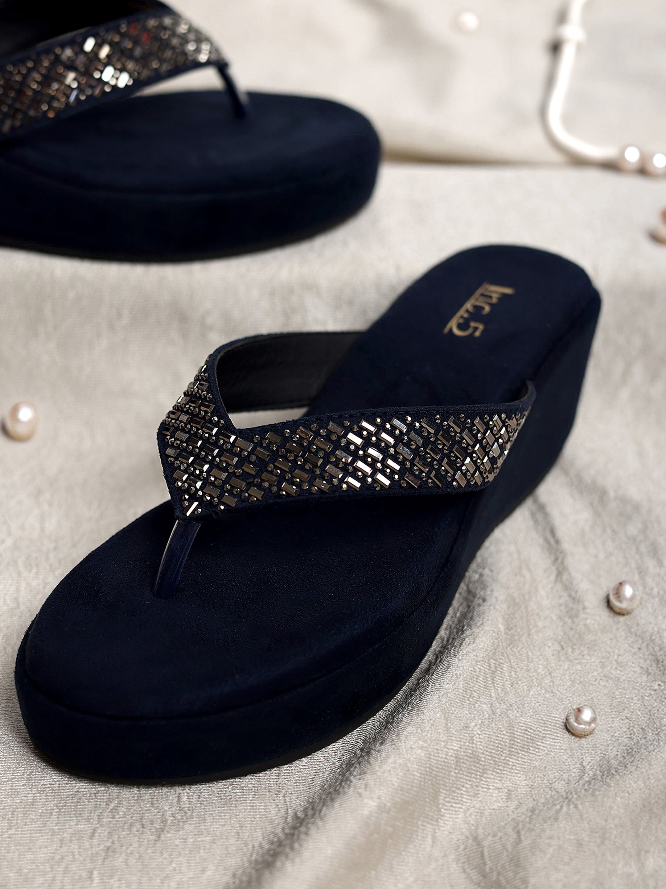 Women Navy Embellished Wedge Heel
