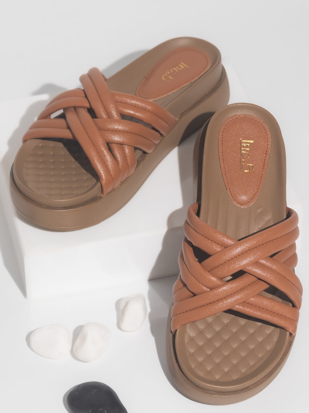 Women Tan Striped Comfort Heels