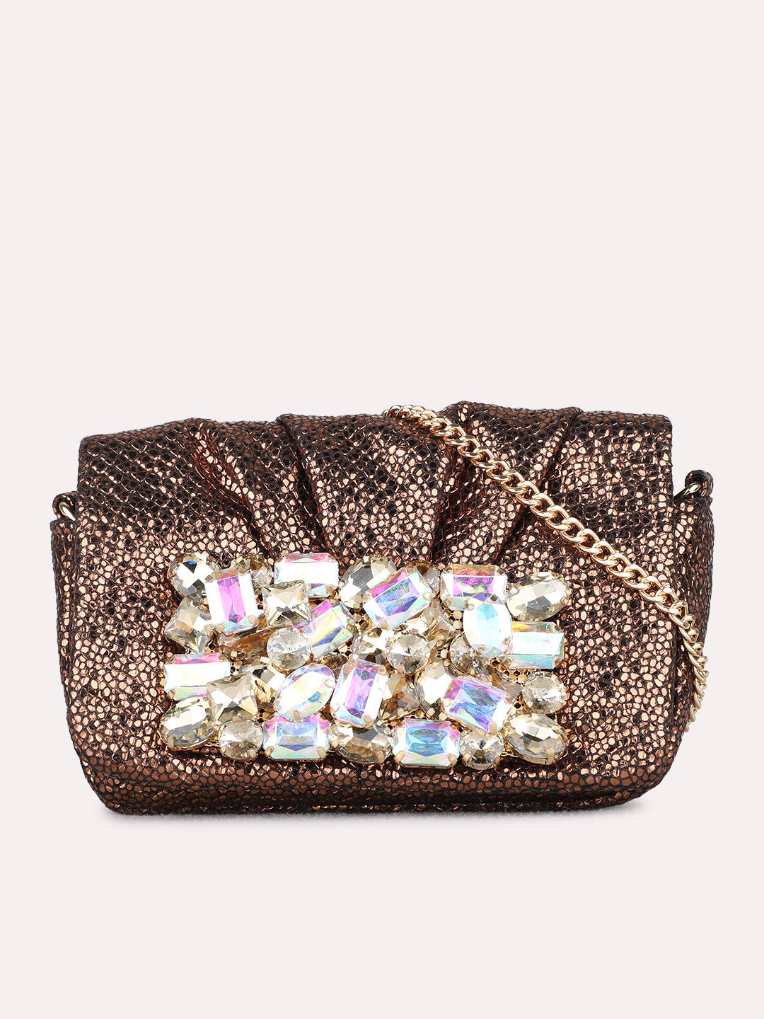 Minimalist Women Bronze Embellished Sling Bag With Magnet Lock For Party