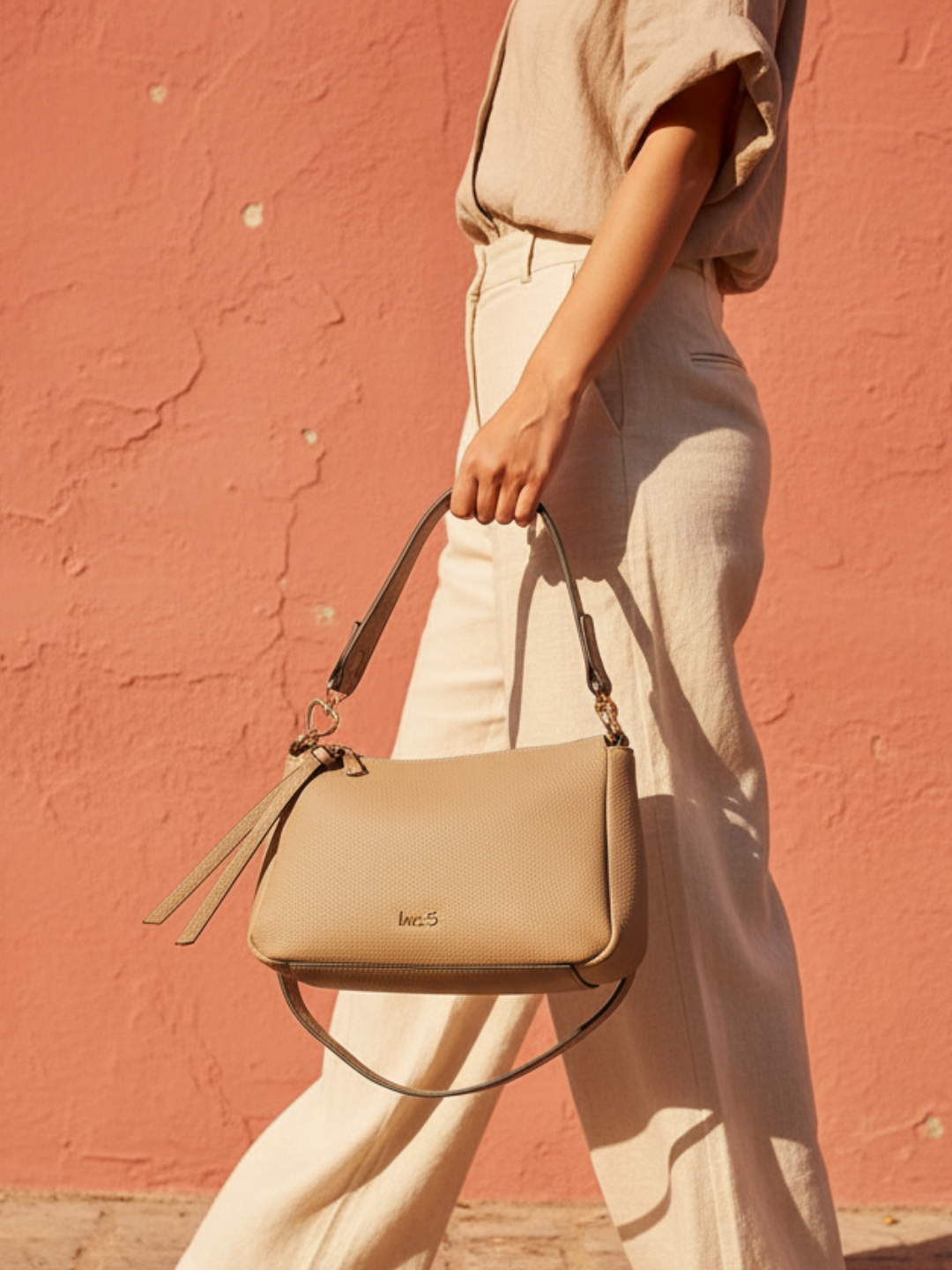 Minimalist Womens Taupe Shoulder Bag With Zip Lock For Casual