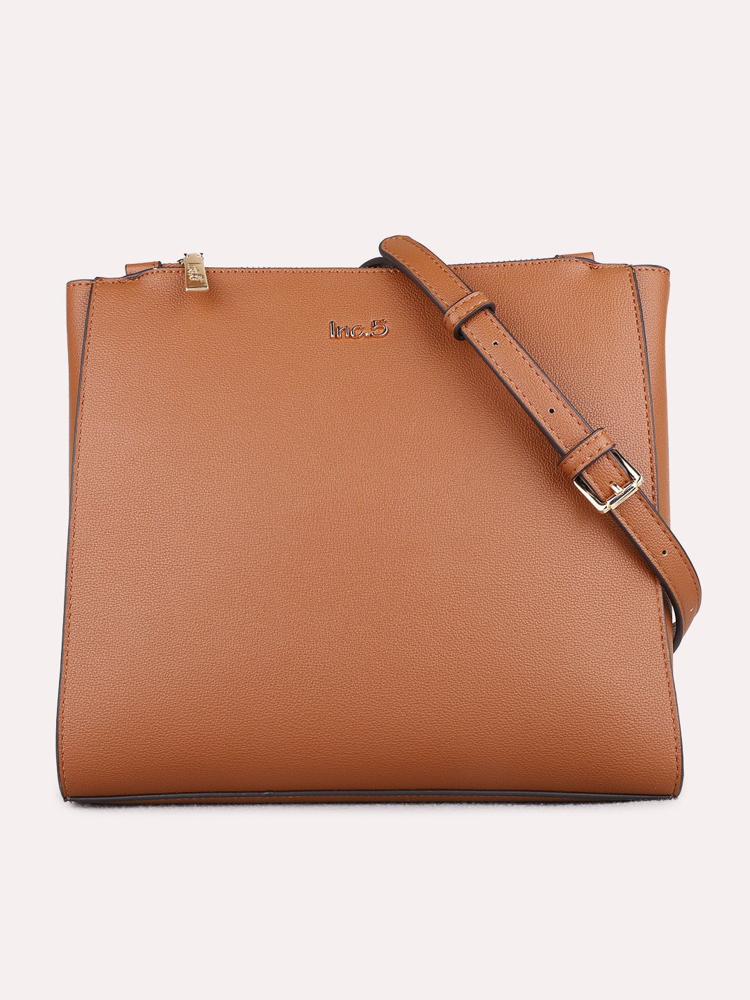 Minimalist Womens Tan Shoulder Bag With Zip Lock For Casual